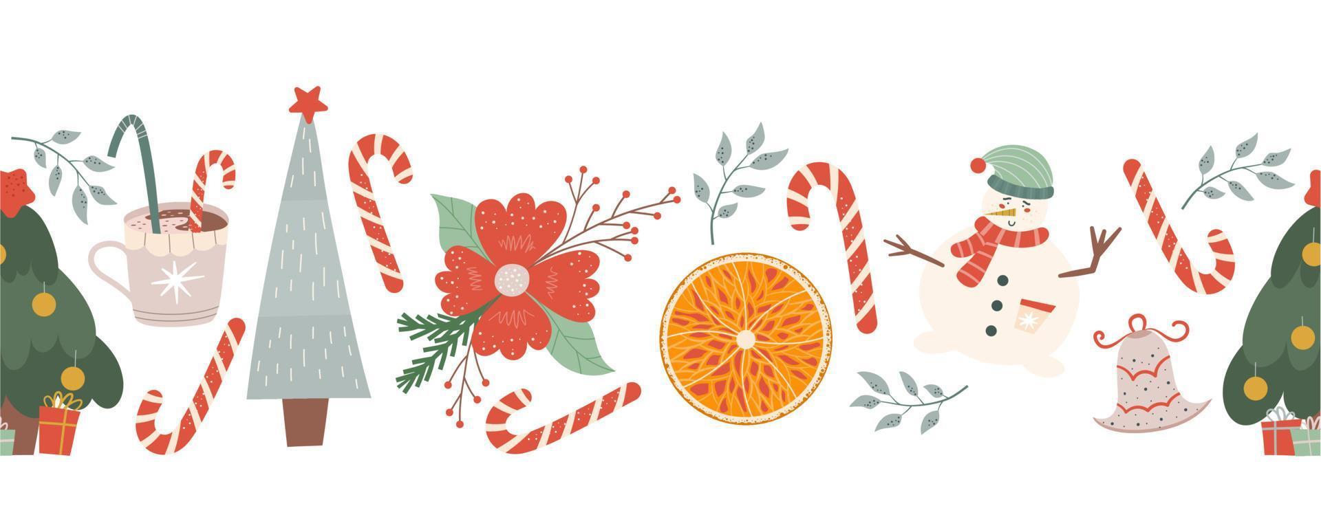 frontera sin costuras de invierno con dulces, abetos y muñeco de nieve, flor de naranja y año nuevo. Navidad de patrones sin fisuras. ilustración vectorial en estilo plano. vector