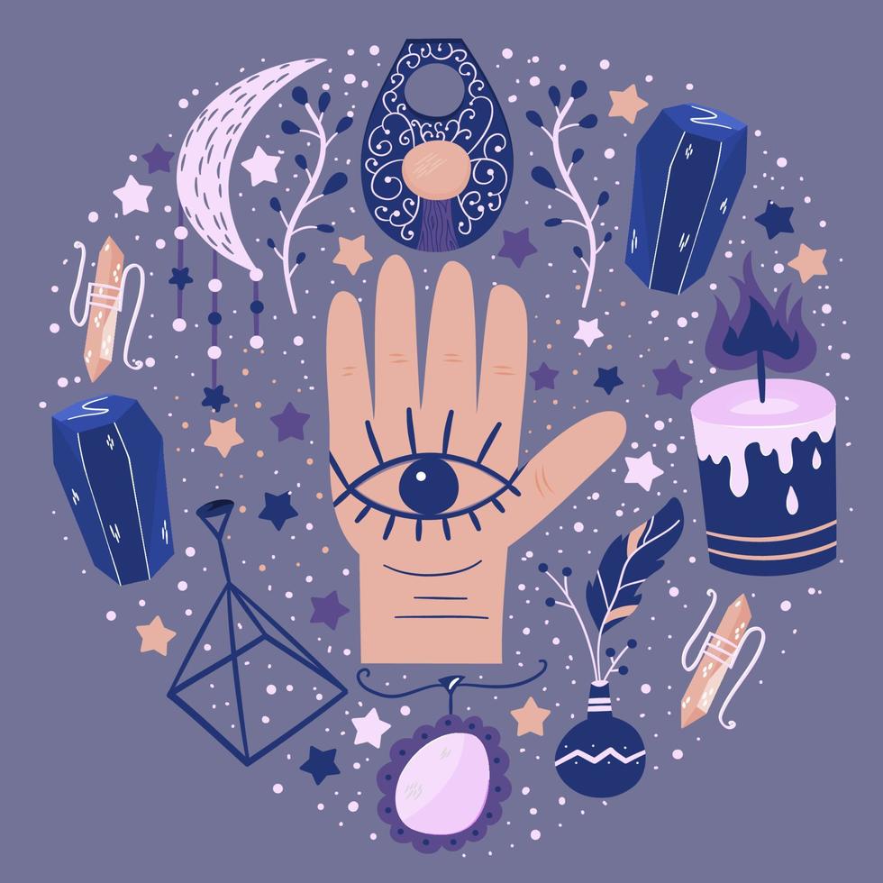 Circular esoteric design with all-seeing eye, amulets.Candles, crystals, talismans for witchcraft and reading of bereaved. Occult and clairvoyance set of objects. Vector illustration in flat style