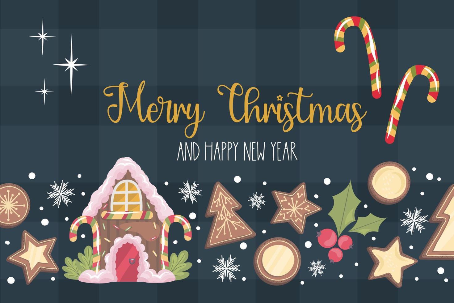 diseño de banner navideño con texto feliz navidad, casa de pan de jengibre. galleta de jengibre, cacao con malvavisco y piruleta para decoración navideña. ilustración vectorial. vector