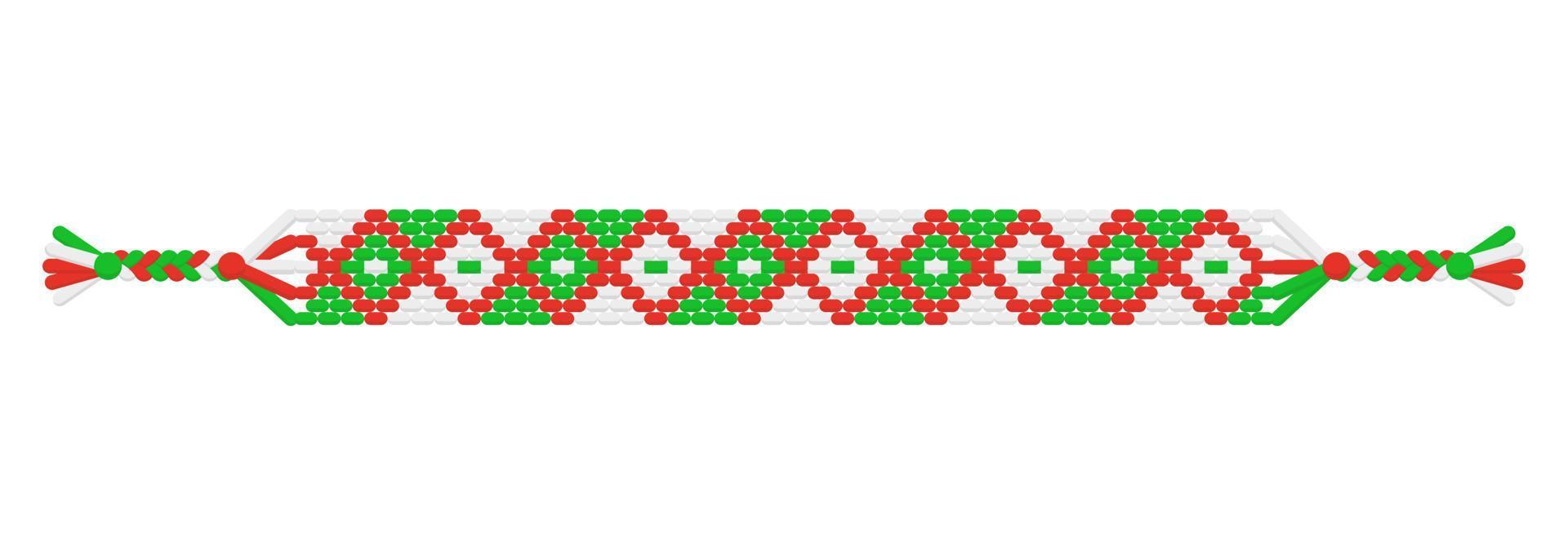 vector Navidad pulsera de amistad hippie hecha a mano de hilos verdes, rojos y blancos.