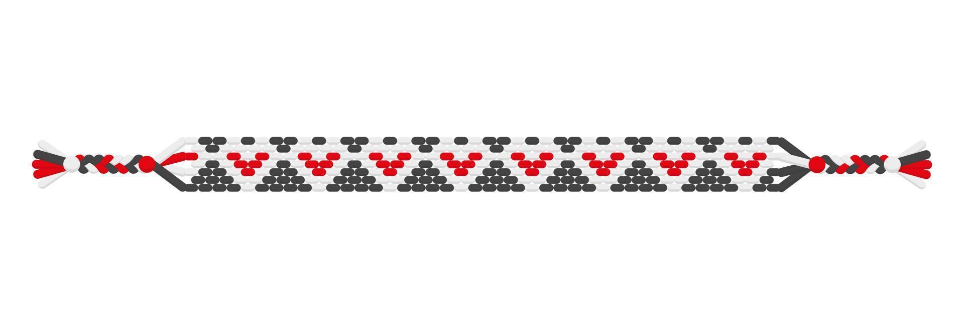 Vector boho love handmade hippie friendship bracelet of black, white and red threads.
