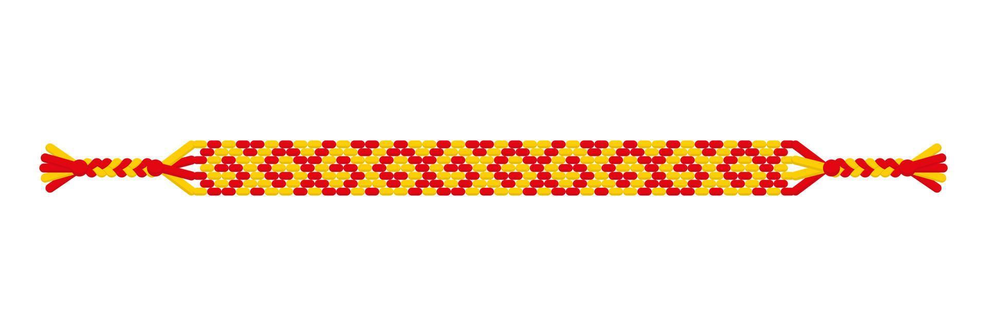 Vector multicolored handmade hippie friendship bracelet of red and yellow threads.