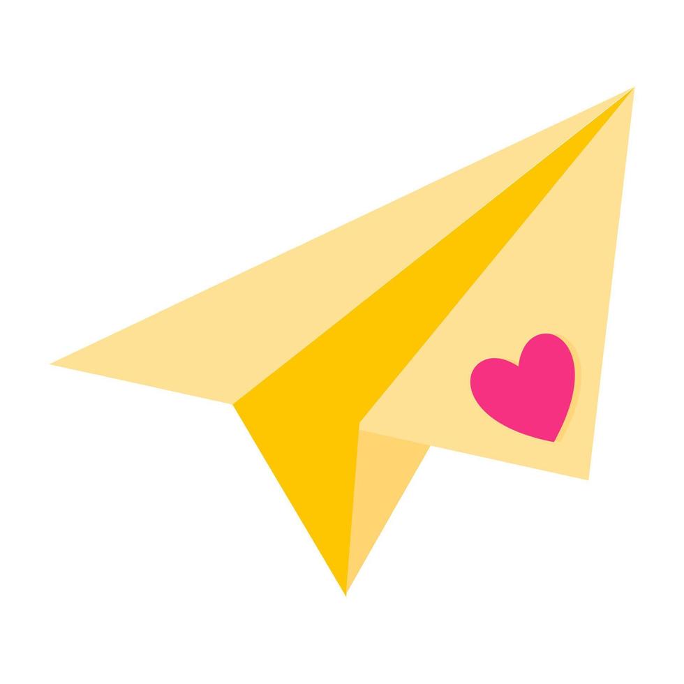 Yellow paper airplane with a heart. Wedding and valentine day concept. vector