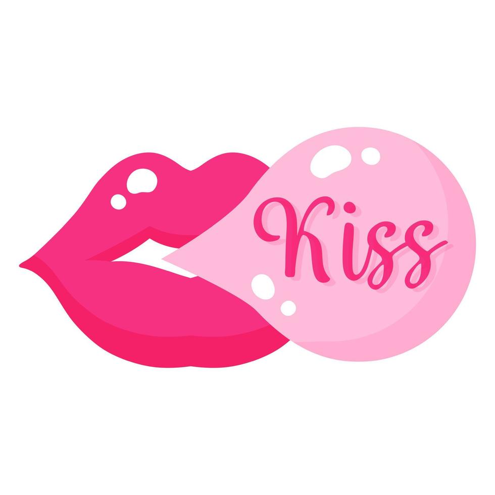 Lips or a kiss with bubble gum. Wedding and valentine day concept. vector