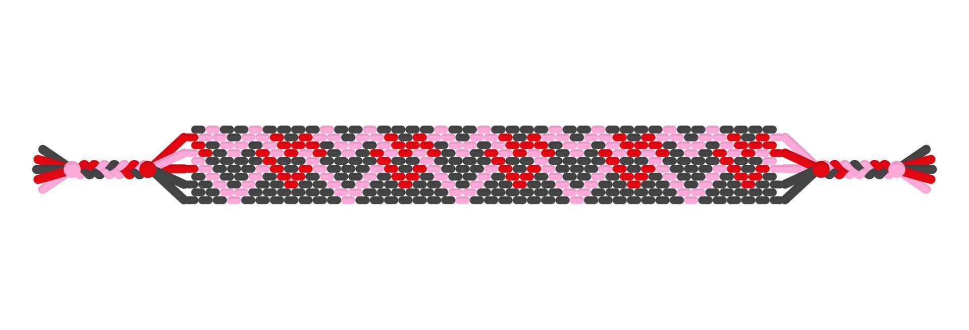Vector boho love handmade hippie friendship bracelet of red, black and pink threads.