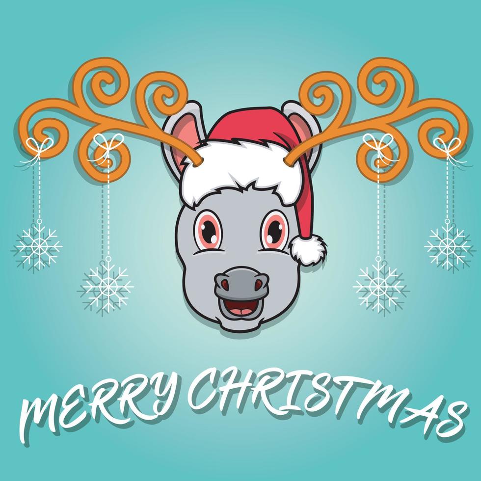 Tarjeta de navidad de dibujos animados de cabeza de burro lindo. con sombrero y divertida navidad. vector
