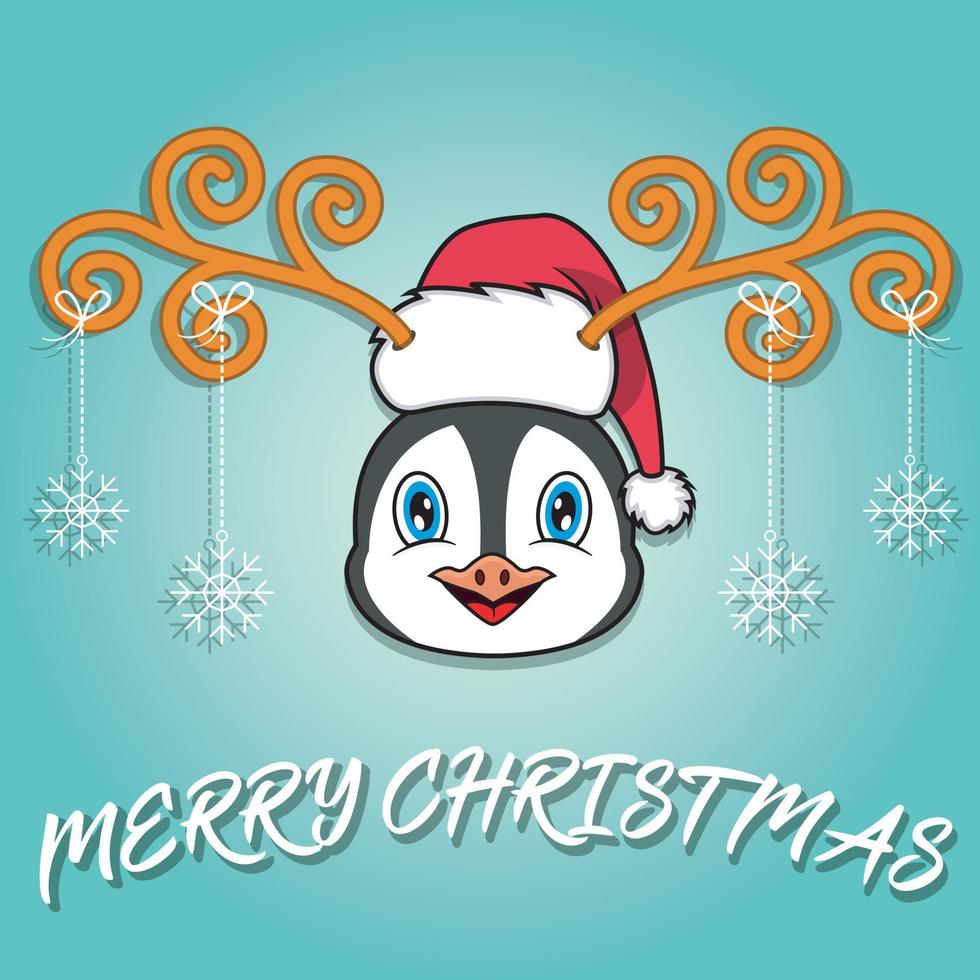 Tarjeta de Navidad de dibujos animados de cabeza de pingüino lindo. con sombrero y divertida navidad. vector