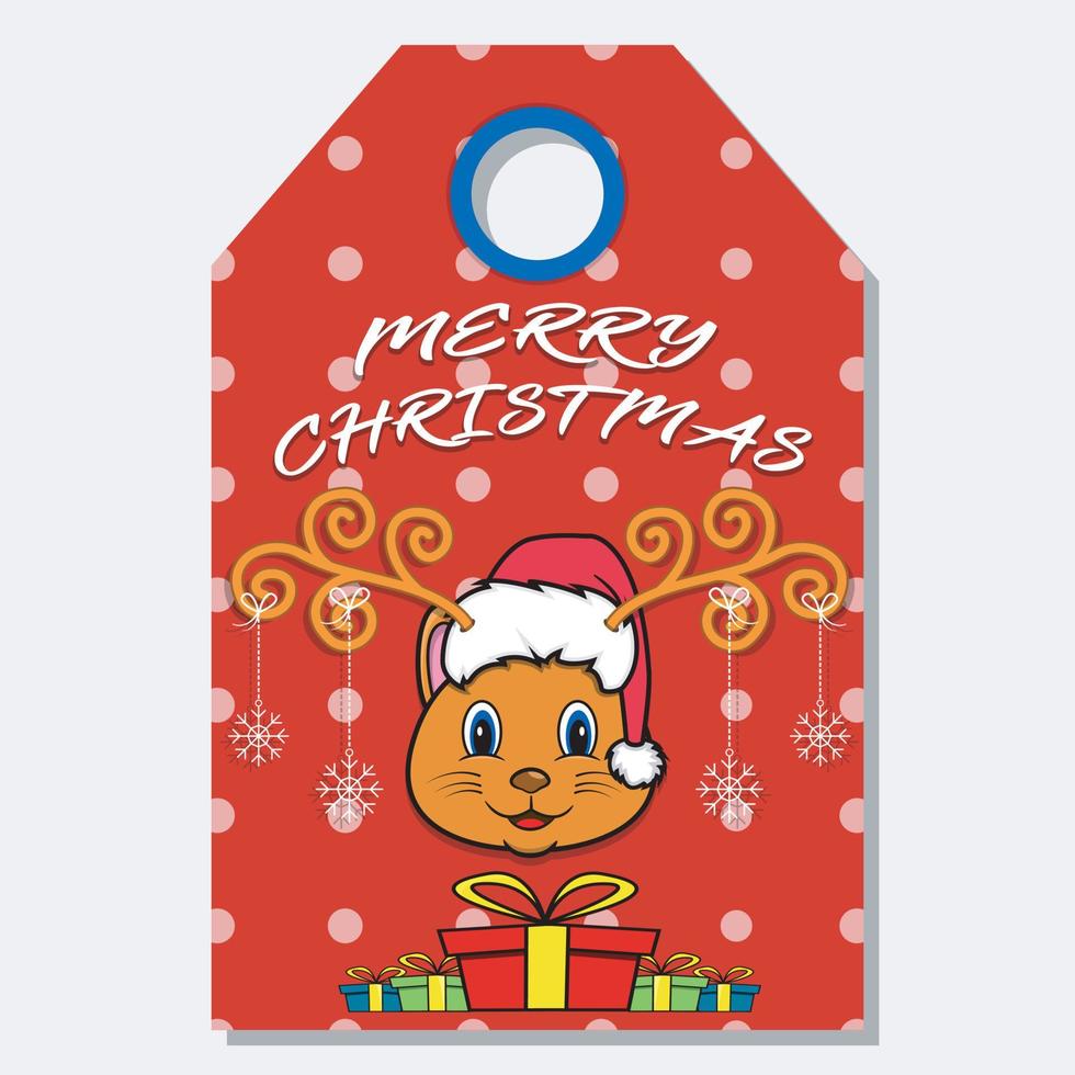 Merry Christmas Happy New Year hand drawn label tag With Cute Cat Head Character Design. vector