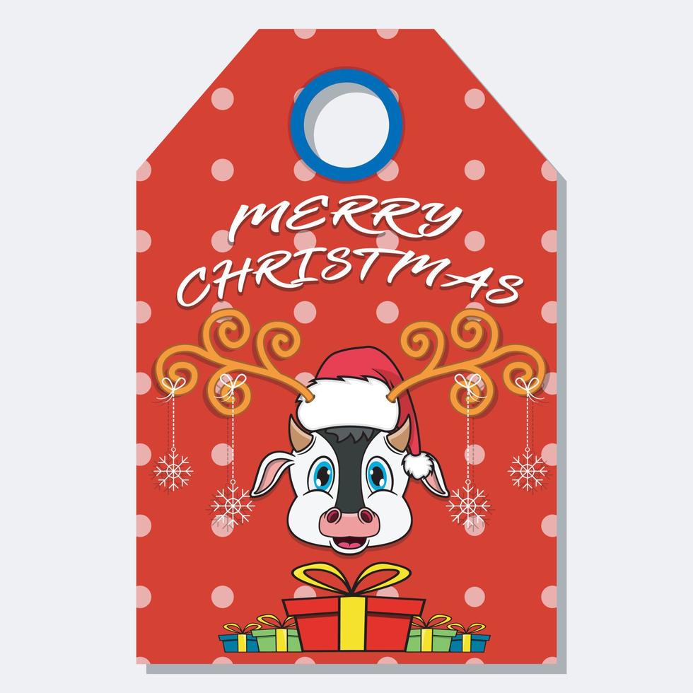 Merry Christmas Happy New Year hand drawn label tag With Cute Cow Head Character Design. vector