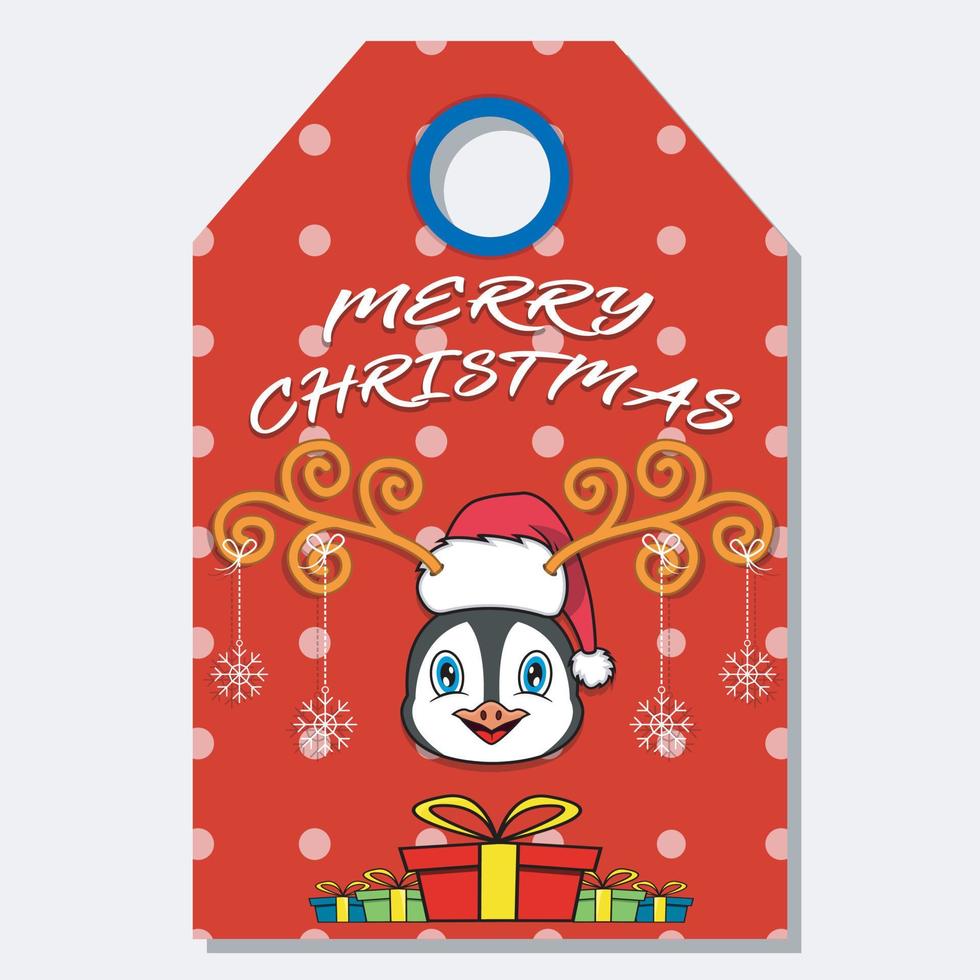Merry Christmas Happy New Year hand drawn label tag With Cute Penguin Head Character Design. vector