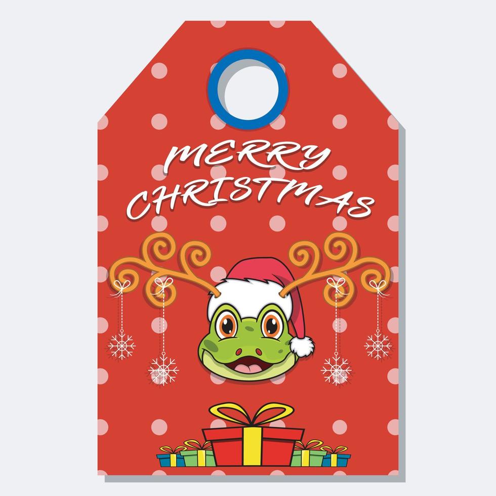Merry Christmas Happy New Year hand drawn label tag With Cute Frog Head Character Design. vector