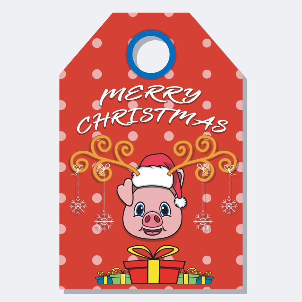 Merry Christmas Happy New Year hand drawn label tag With Cute Pig Head Character Design. vector