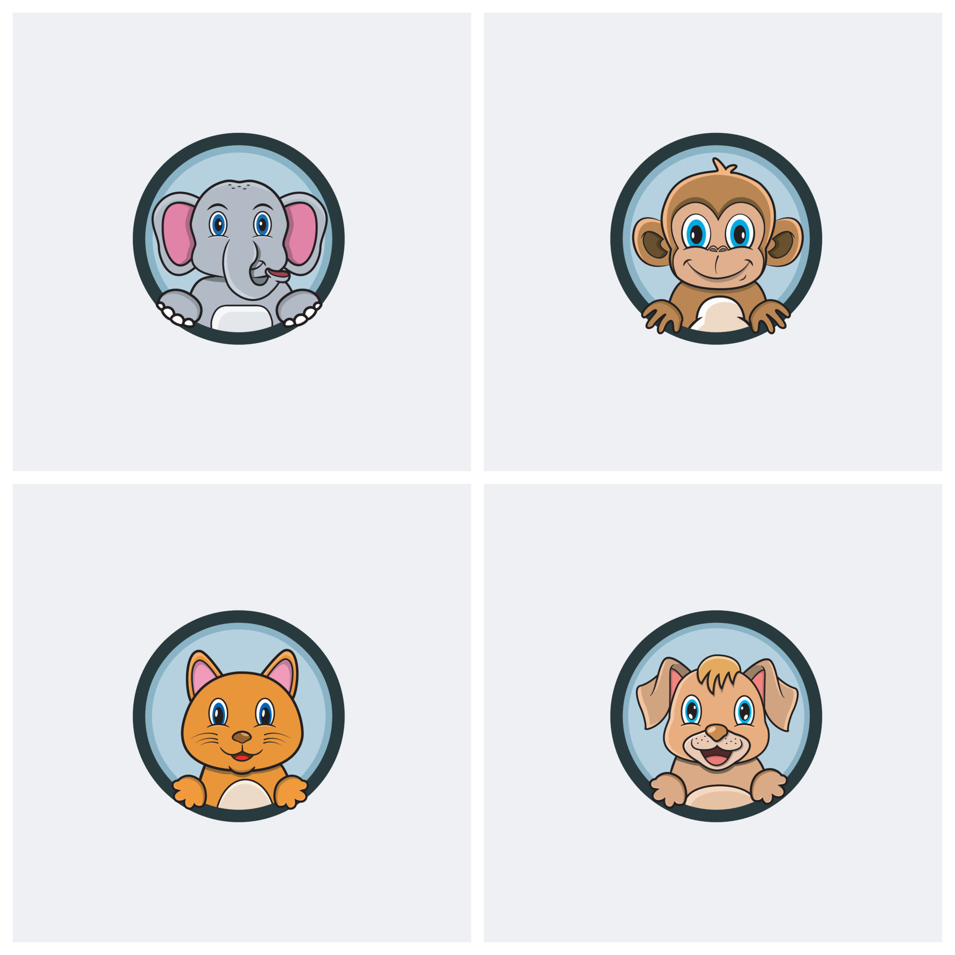 Funny Animals Head Character Design Set. Elephant, Monkey, Cat and Dog. For Logo, Label, Icon, Inspiration and Template Design. 4676994 Vector Art at Vecteezy Funny Animals Head Character Design Set. Elephant, Monkey, Cat and Dog. For Logo, Label, Icon, Inspiration and Template Design. 4676994 Vector Art at Vecteezy