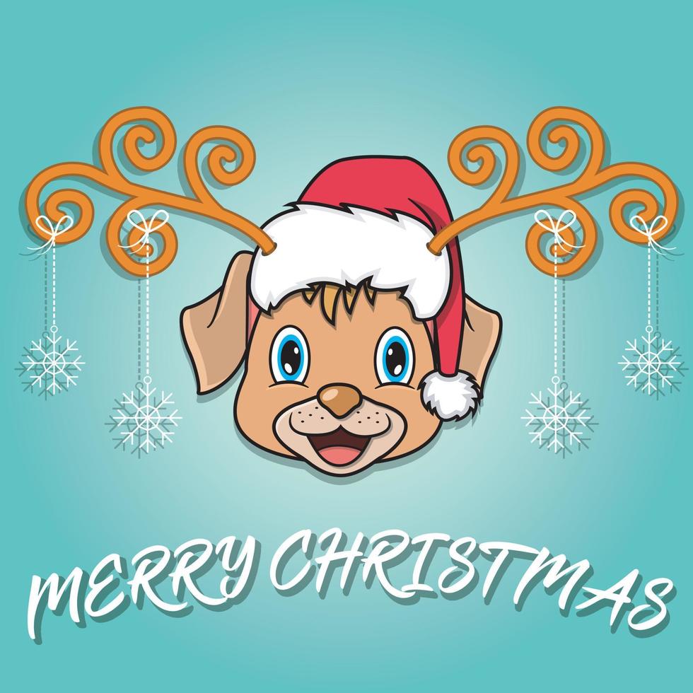 Cute Dog Head Cartoon Christmass Card. Wearing Hat and Funny Christmas. vector