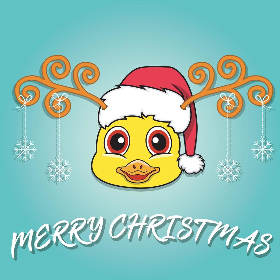 Tarjeta de navidad de dibujos animados de cabeza de pato lindo. con sombrero y divertida navidad. vector