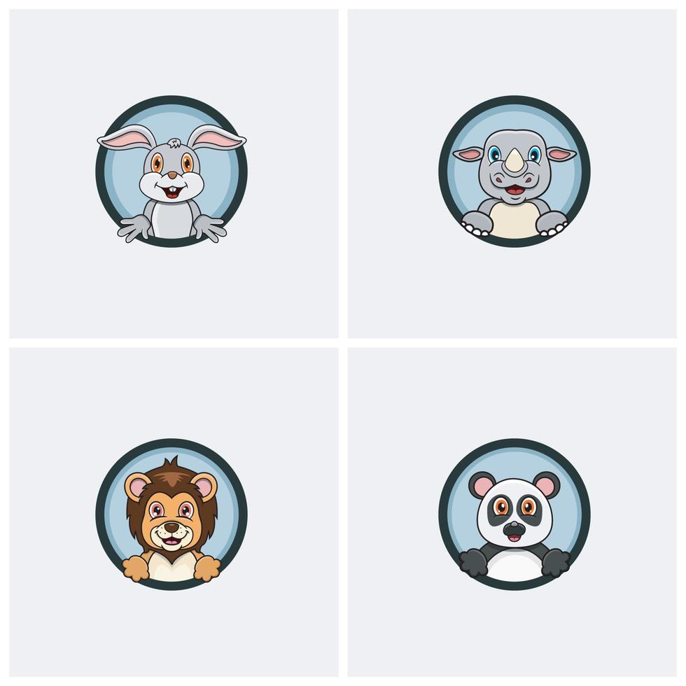 Conjunto de diseño de personajes de cabeza de animales divertidos. conejo, rinoceronte, león y panda. para el diseño de logotipos, etiquetas, iconos, inspiración y plantillas. vector