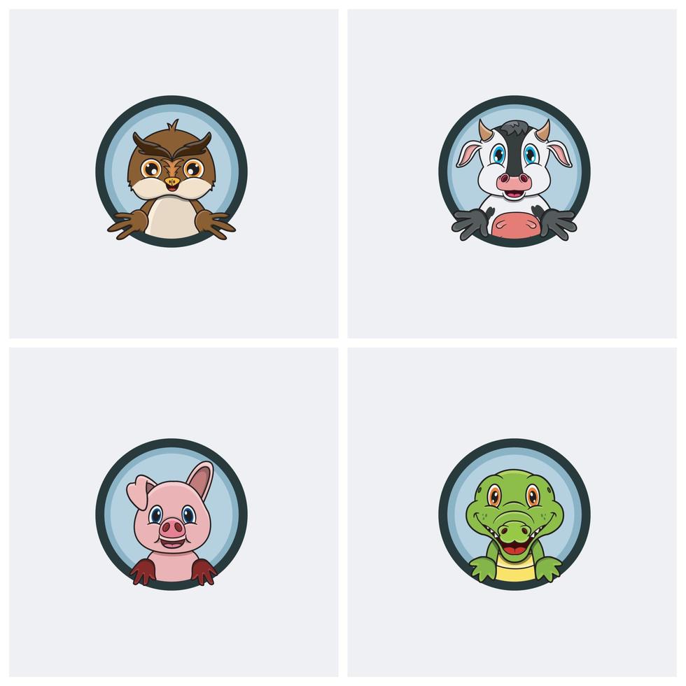 Conjunto de diseño de personajes de cabeza de animales divertidos. búho, vaca, cerdo y cocodrilo. para el diseño de logotipos, etiquetas, iconos, inspiración y plantillas. vector