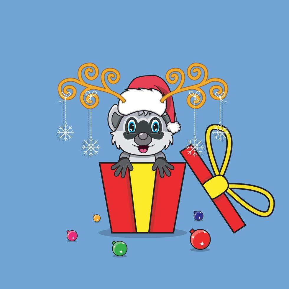 lindo mapache de regalo con sombrero de santa claus. para fondo, plantilla, icono, banner, invitación, tarjeta de felicitación, diseño de inspiración y volante. vector