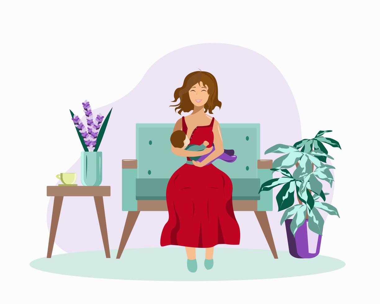 A nursing mother sits on the sofa and feeds the baby vector