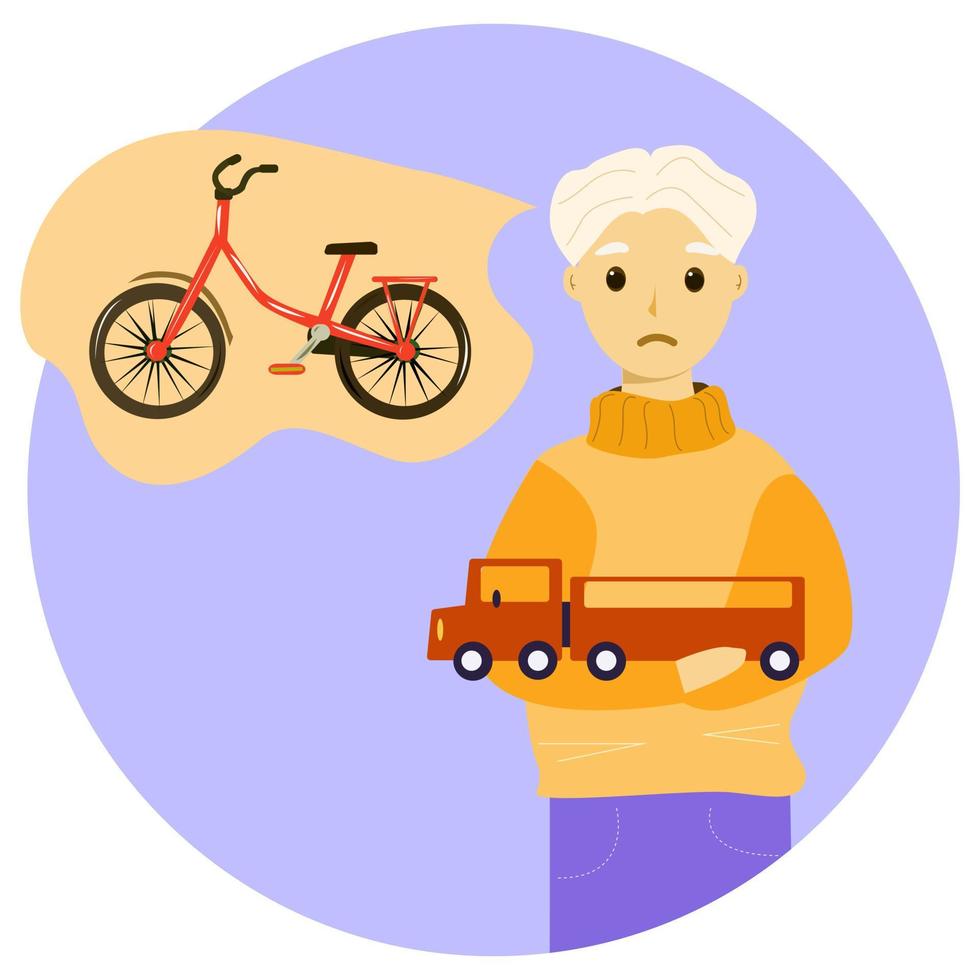 A boy with a truck in his arms dreams of a Bicycle vector