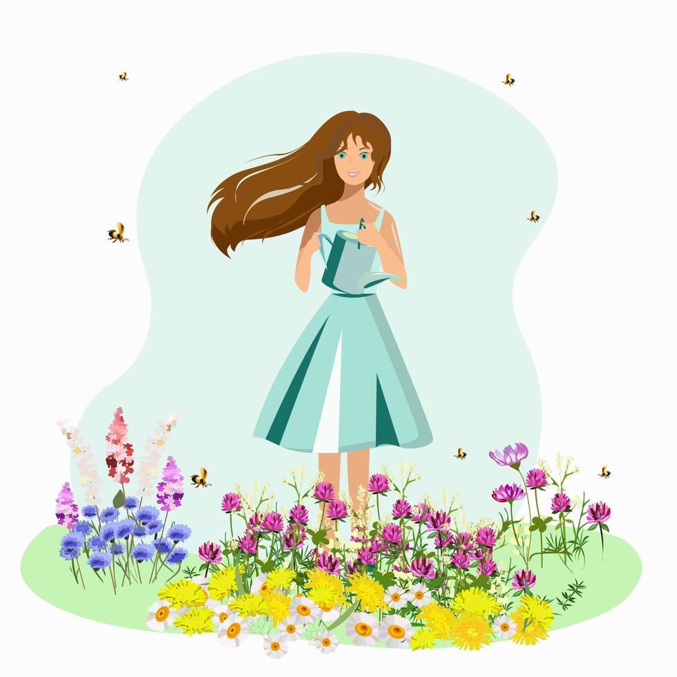 niña con regadera planta flores en primavera vector