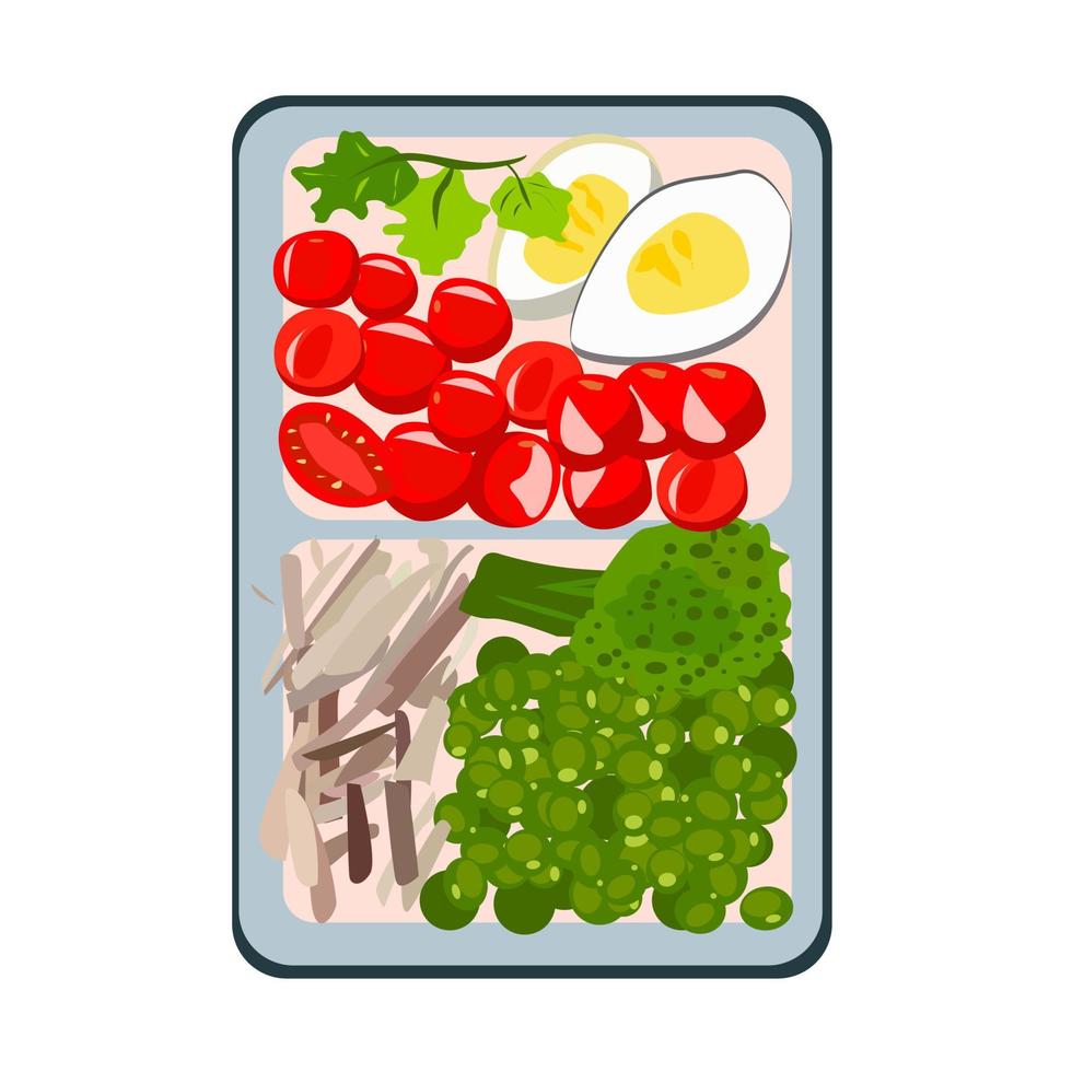 Lunch box with vegetables and scrambled eggs. vector