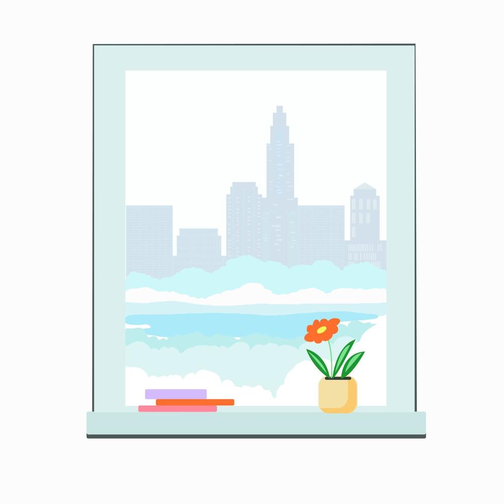 la ventana y el paisaje invernal detrás de él vector