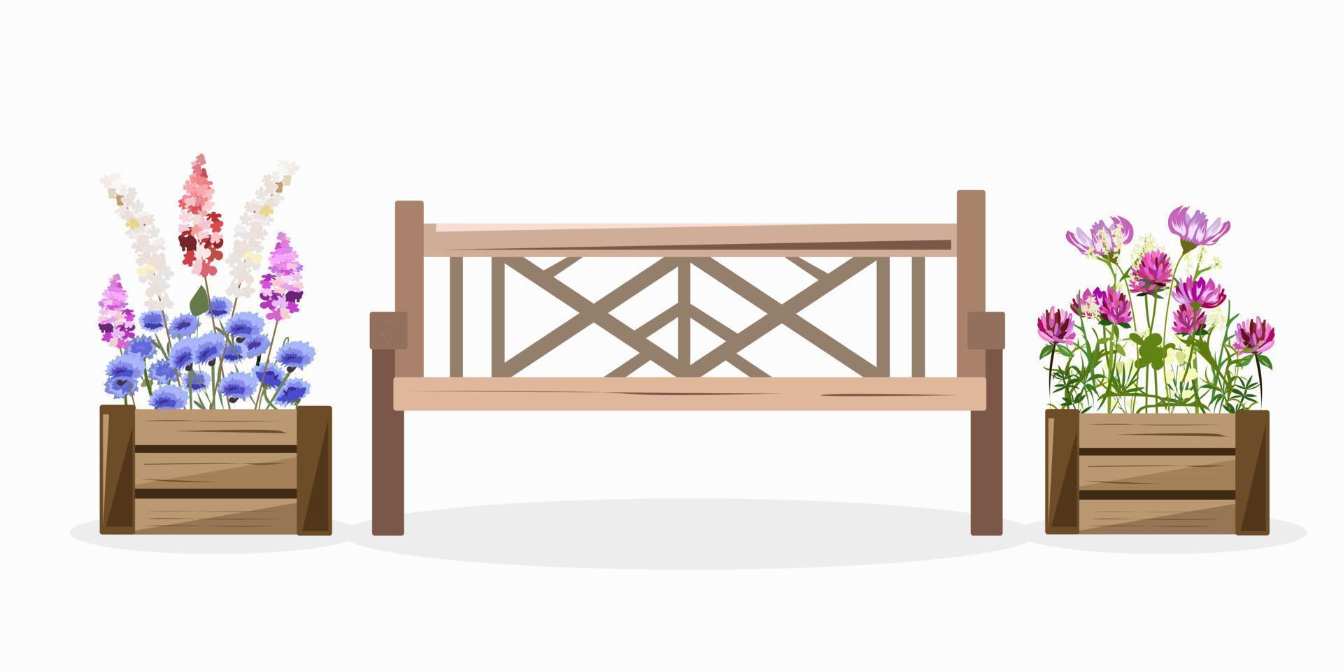 A bench for rest and flowers in boxes on the sides vector