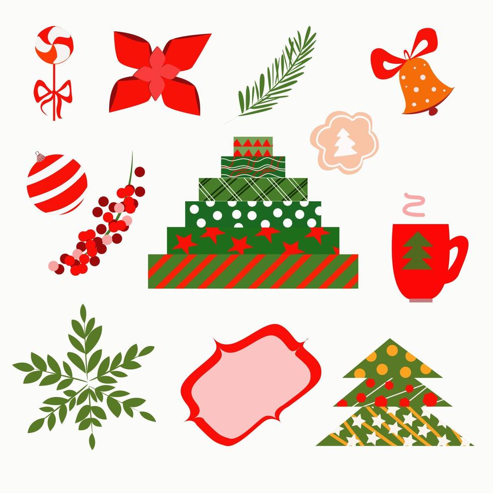 Conjunto de elementos de diseño navideño sobre un fondo blanco. vector