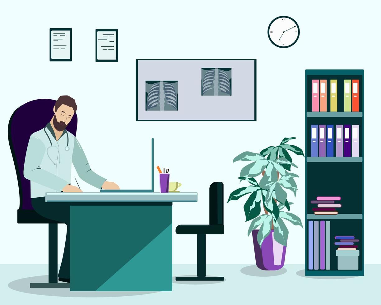 A male doctor sits at a Desk in his office vector