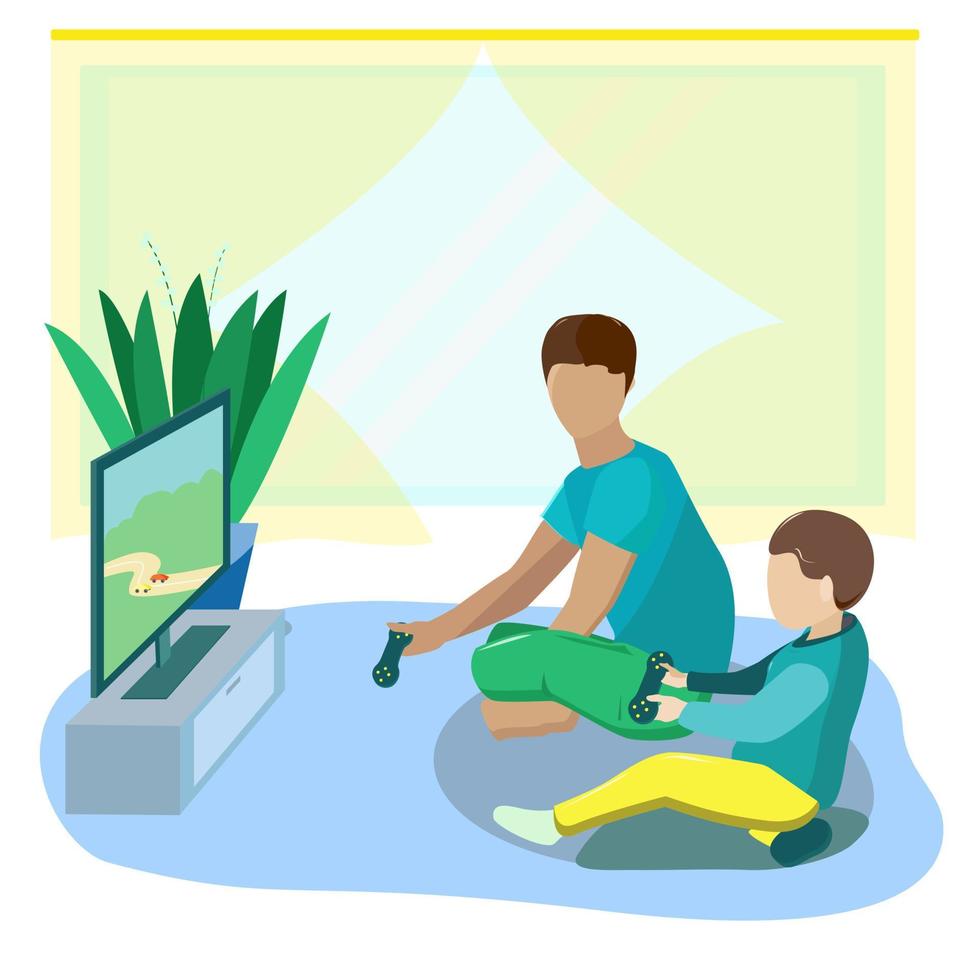 hermanos o padre e hijo juegan videojuegos en casa vector