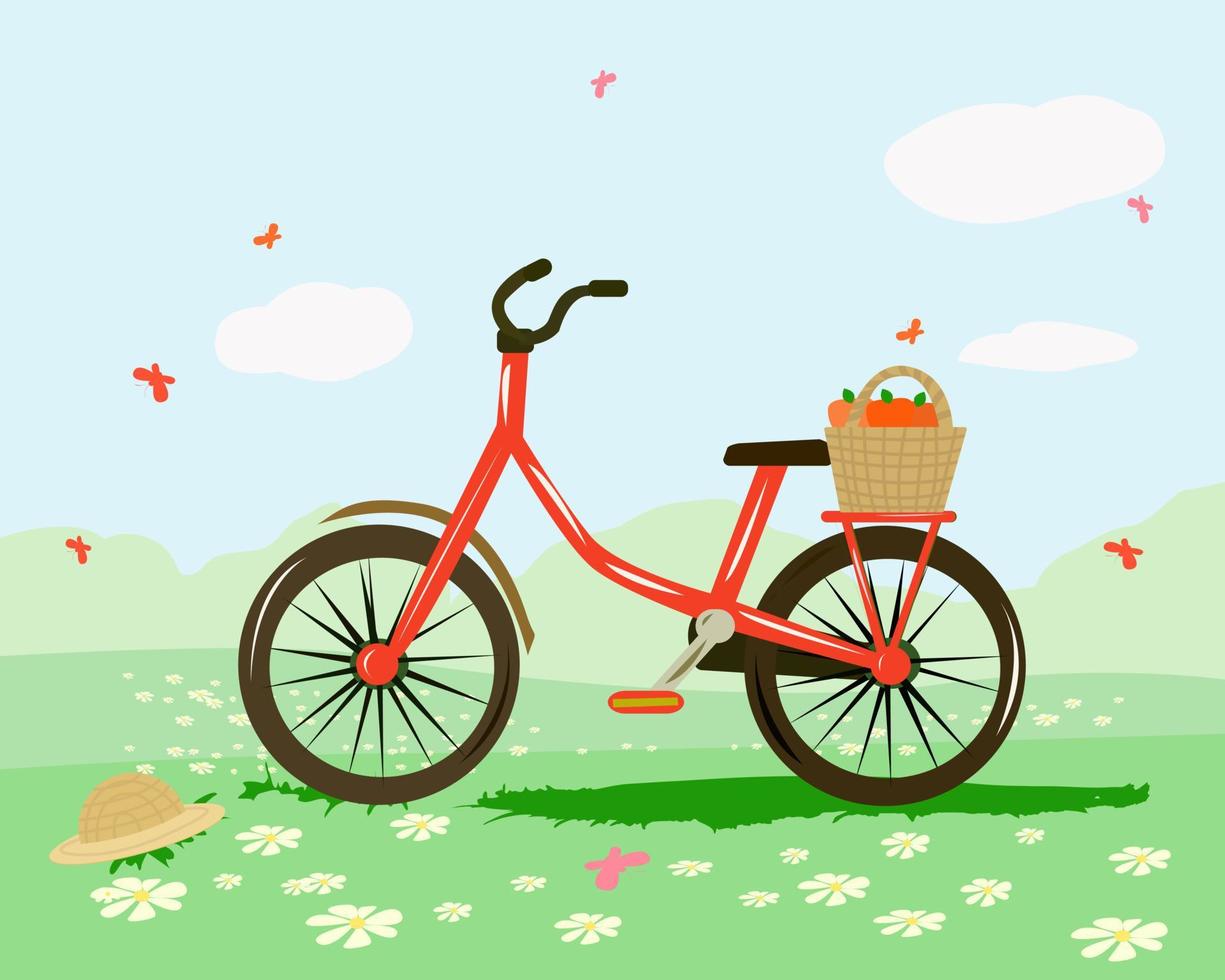 Bicycle in a field or meadow with a basket of fruit vector