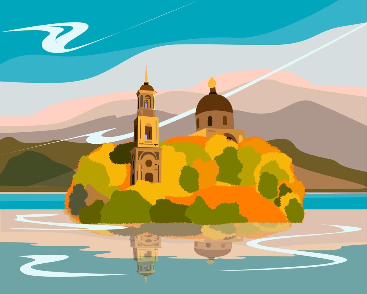 paisaje con una isla en el centro del lago y una iglesia vector