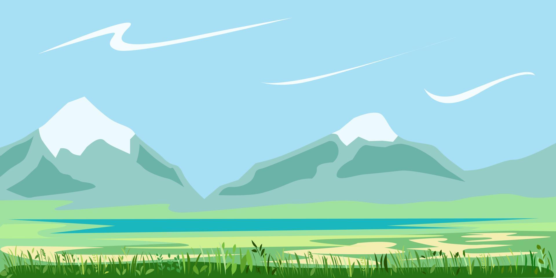 paisaje de montaña con un lago y hierbas en un día soleado vector