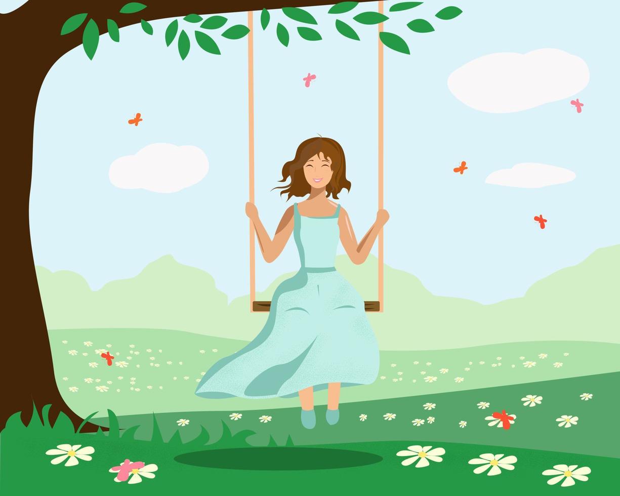 una niña se balancea en un columpio cerca de un árbol vector