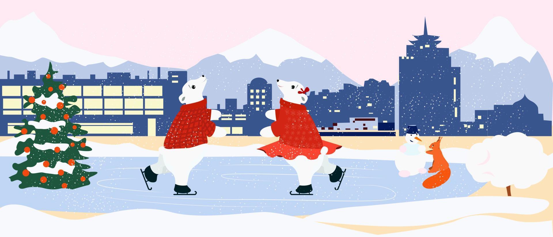 Two bears dancing on the ice at the rink vector