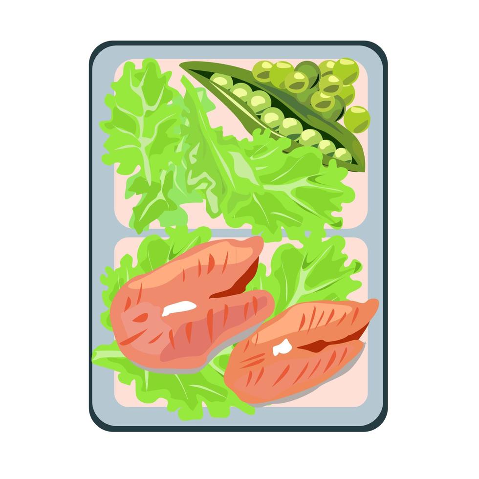 Caja de verduras y pescado rojo a la plancha con lunch. vector