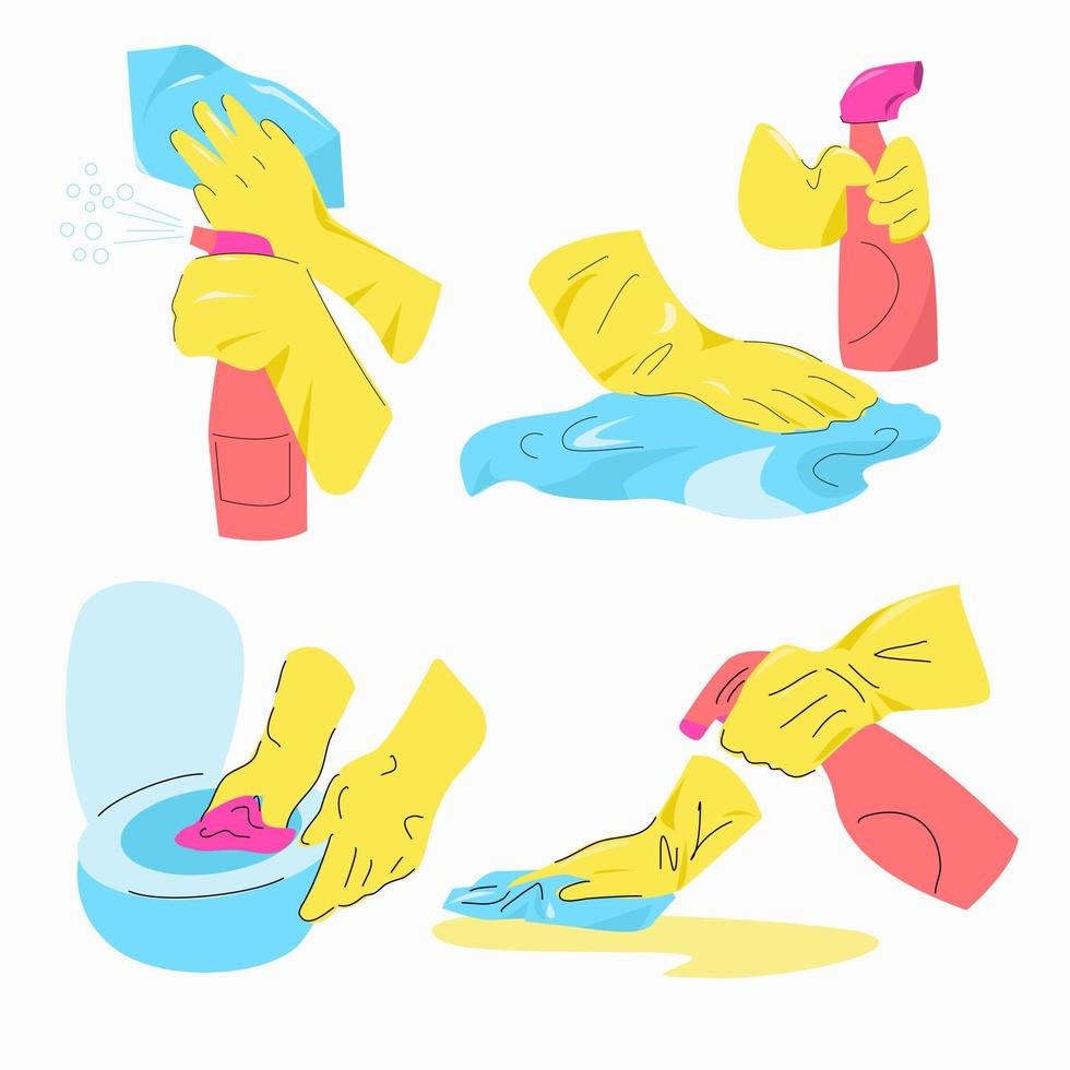 Las manos con guantes amarillos lavan y limpian varias superficies. vector
