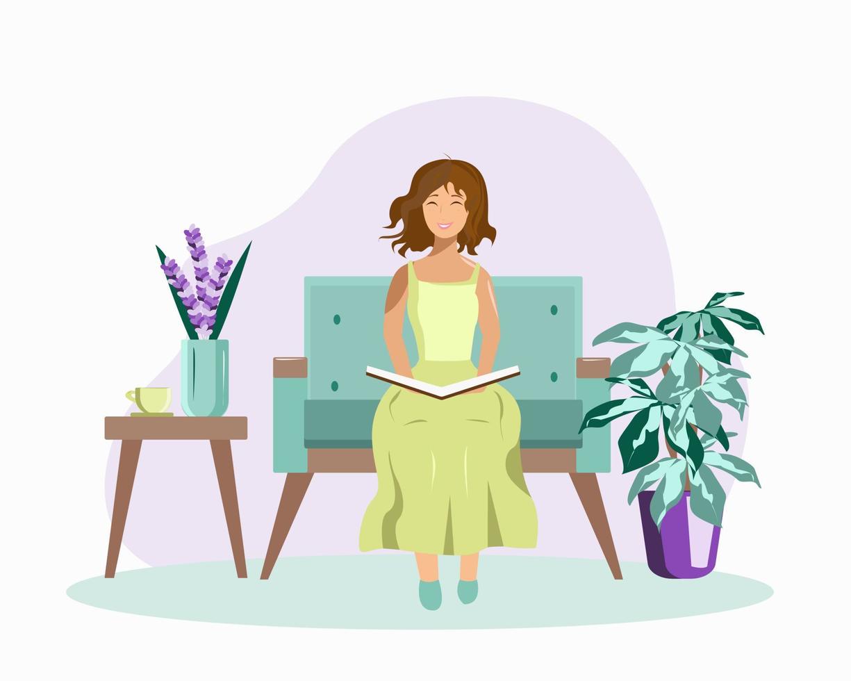 A girl or woman at home reading a book vector