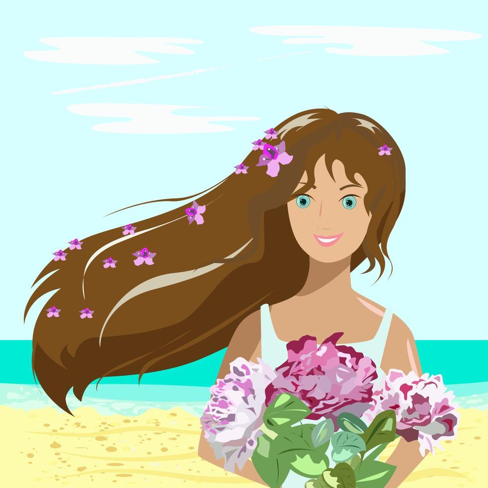 niña con flores en la playa junto al mar vector