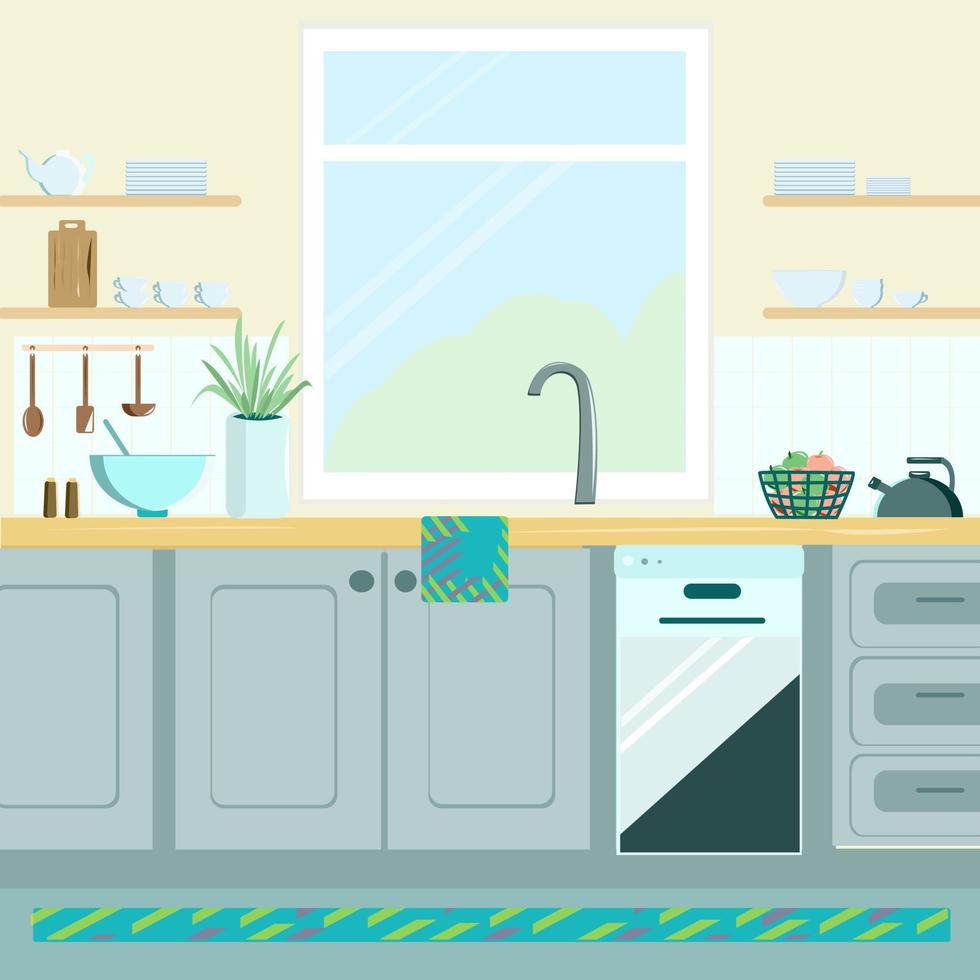 Interior de cocina en colores claros con platos y una ventana. vector