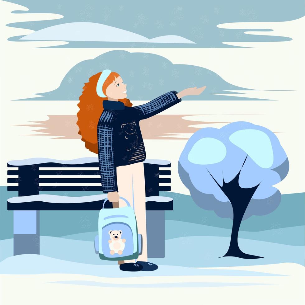 girl in the Park catches snowflakes vector