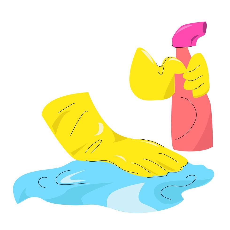 Yellow-gloved hands are washing the floor with blue rags. vector