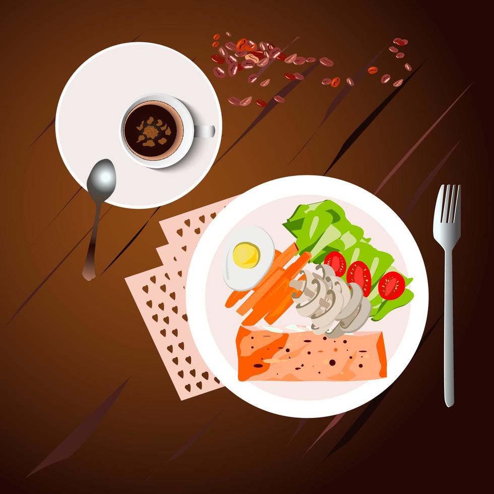 Almuerzo en un café con café, pescado y verduras. vector