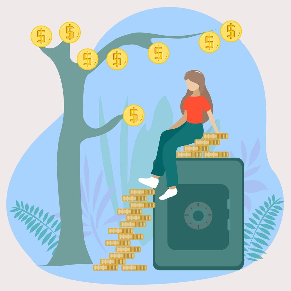 The girl is sitting on a safe and a pyramid of coins vector