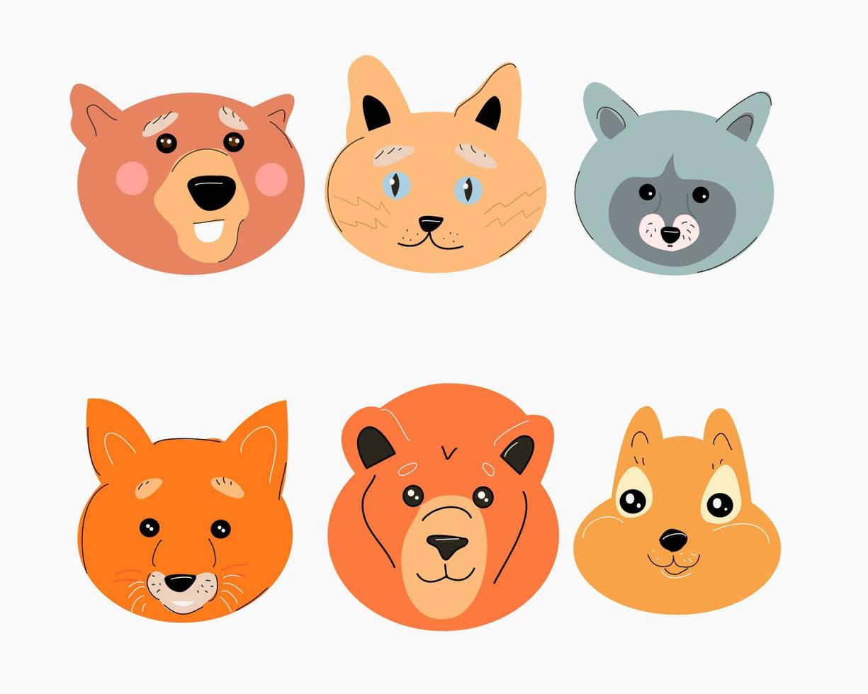 A set of faces of animals such as a bear, raccoon, lion and arcs. vector