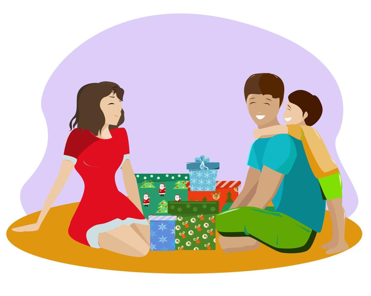 The family unpacks the presents at Christmas vector