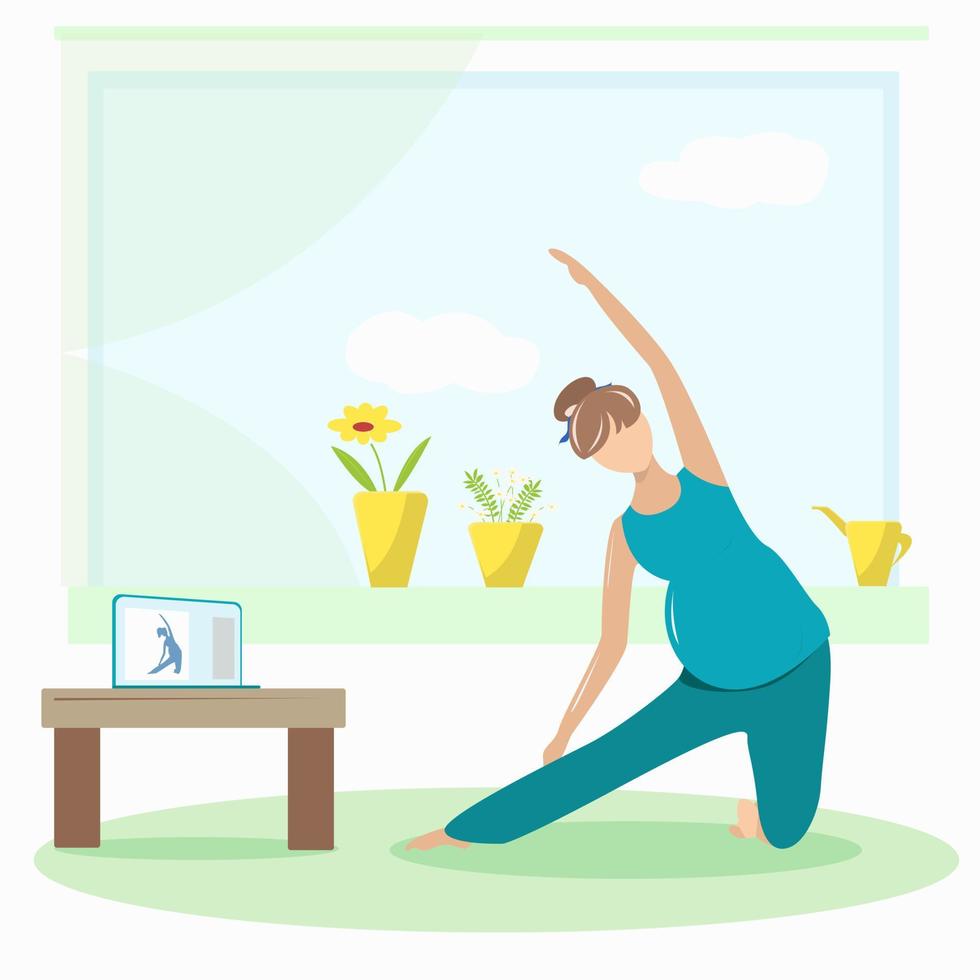 niña embarazada se dedica al yoga en las lecciones en la computadora portátil vector