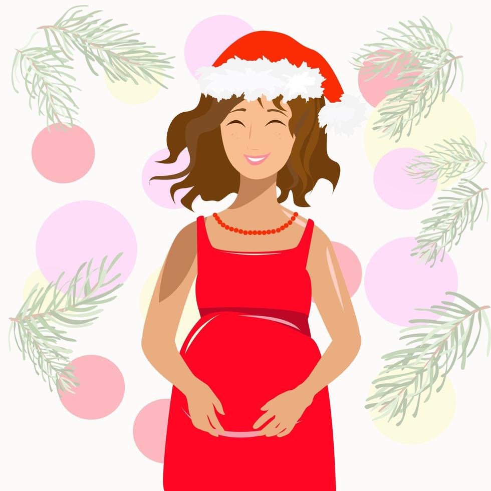 Pregnant woman meets Christmas in a red hat vector