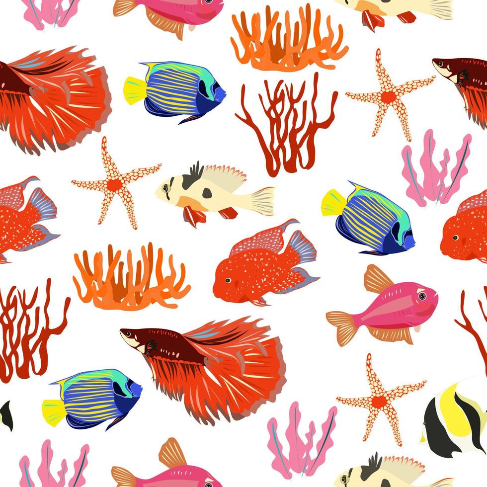 Pattern of red aquarium fish and algae vector